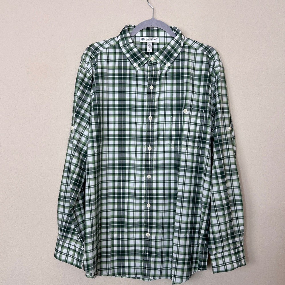 Coolibar men’s long sleeve green check plaid button down size M